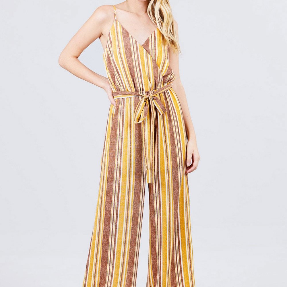 Plus Size Striped Print Belted Jumpsuit